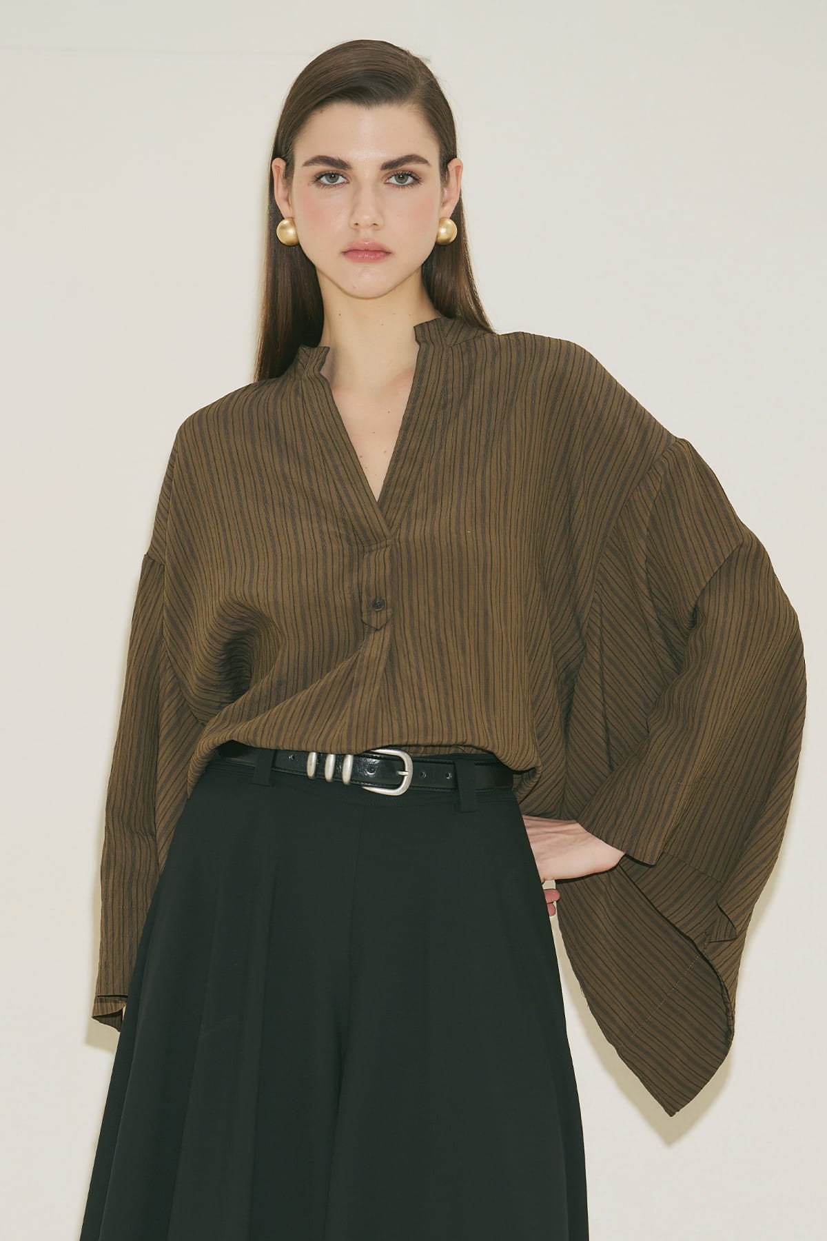 Khaki striped kimono sleeve blouse