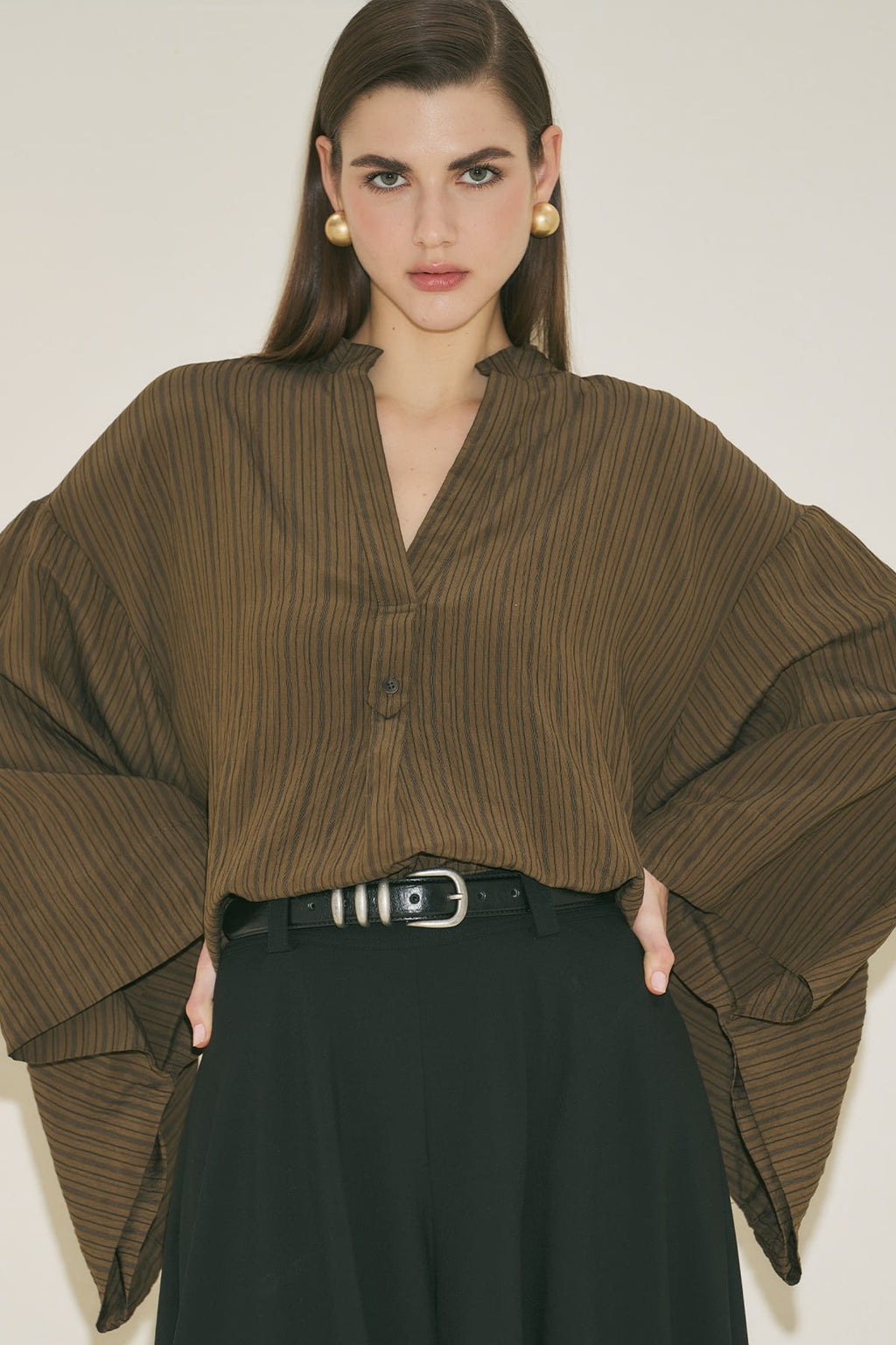 Khaki striped kimono sleeve blouse