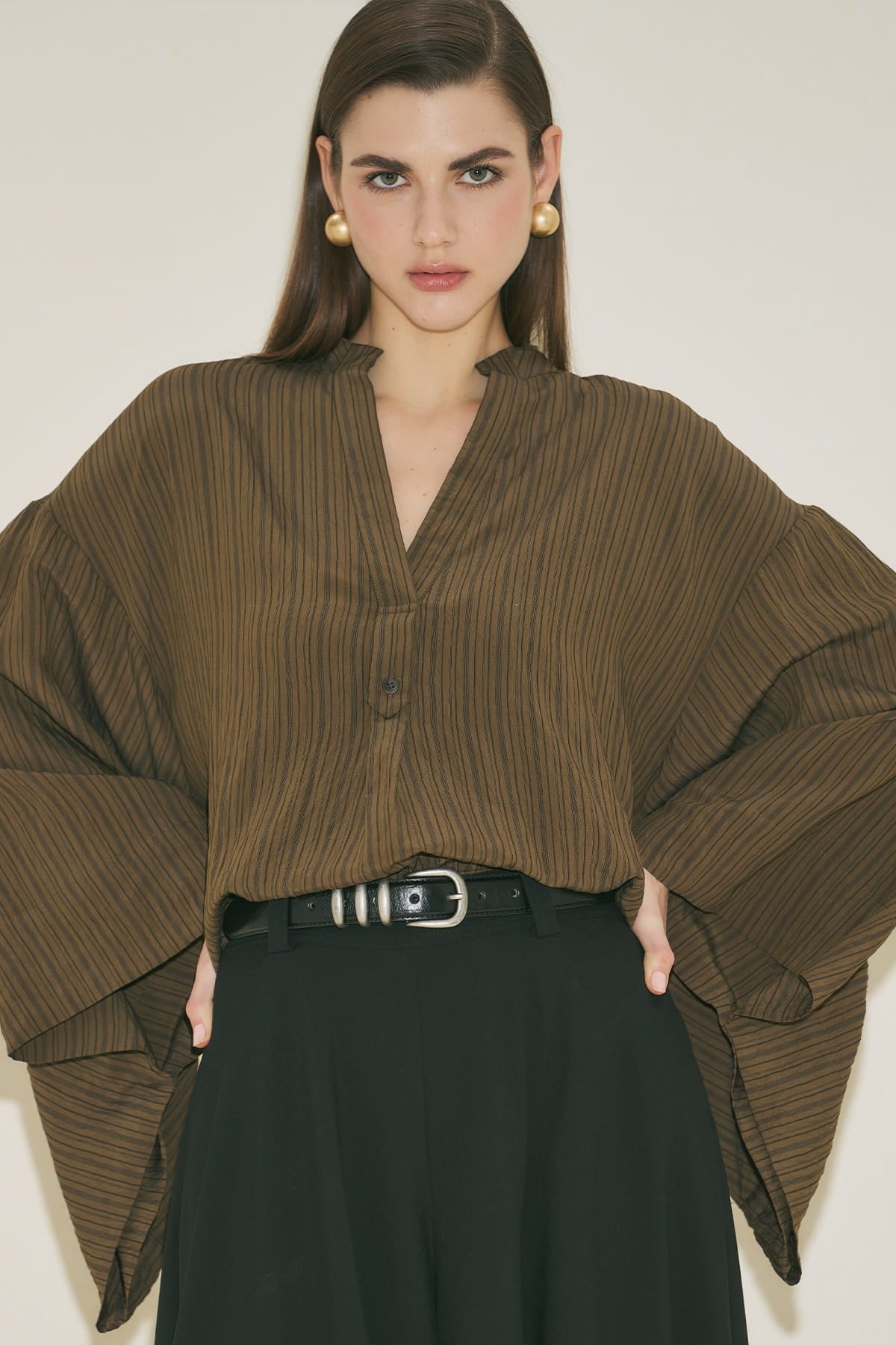 Khaki striped kimono sleeve blouse