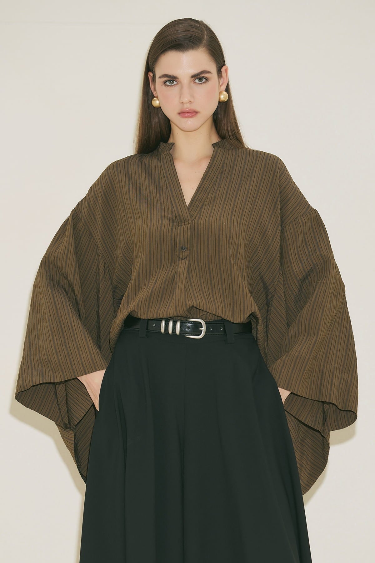 Khaki striped kimono sleeve blouse