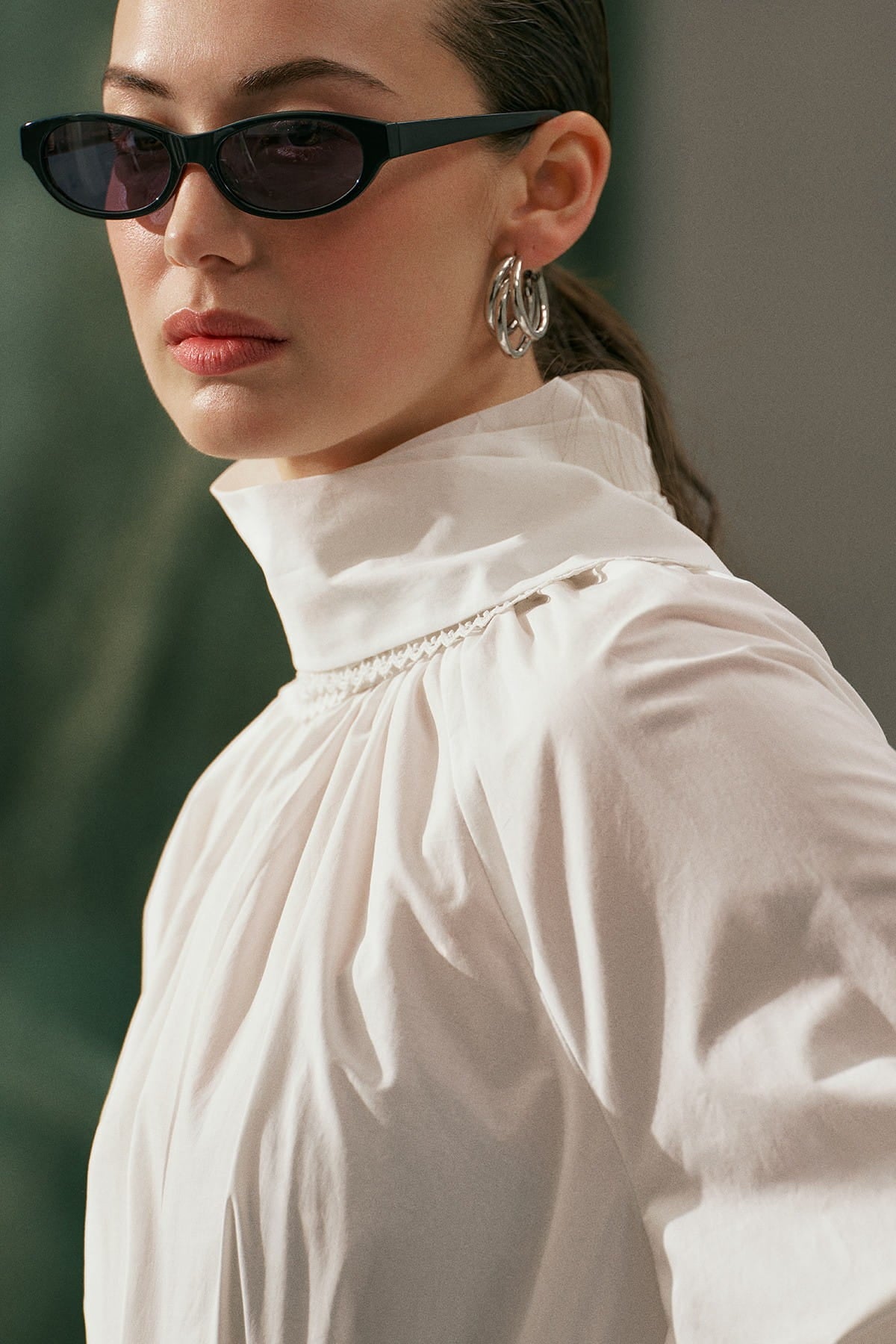 Tie-Neck Blouse Skirt Suit Ecru