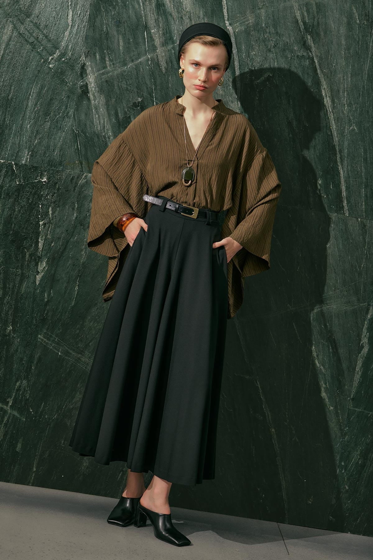 Khaki striped kimono sleeve blouse