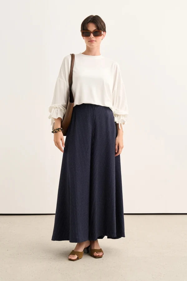 Navy Striped Flared Trousers Skirt