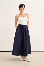 Navy Elastic Waist Poplin Skirt