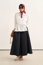 Navy Polka Dot Denim Trousers Skirt