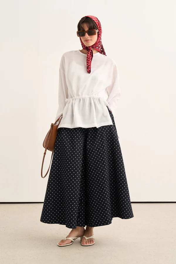 Navy Polka Dot Denim Trousers Skirt