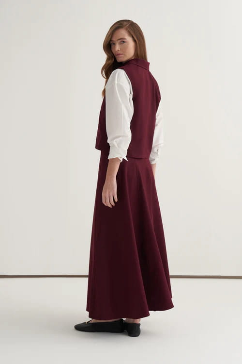 Burgundy gabardine vest skirt suit