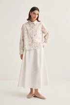 Ecru spring print oversized poplin cropped shirt