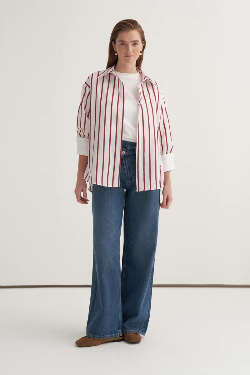 Burgundy striped poplin contrast-cuff shirt