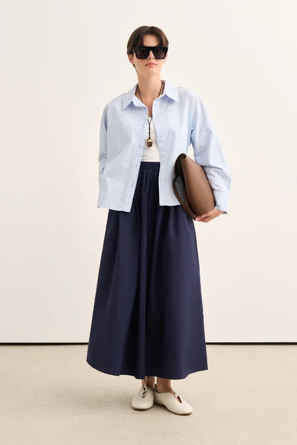 Navy Elastic Waist Poplin Skirt