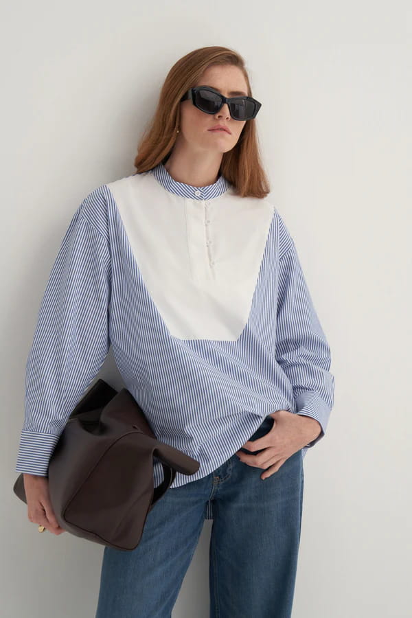 Dark blue striped high-neck detail shirt
