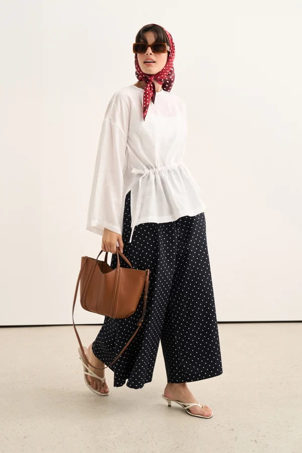 Navy Polka Dot Denim Trousers Skirt