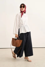 Navy Polka Dot Denim Trousers Skirt