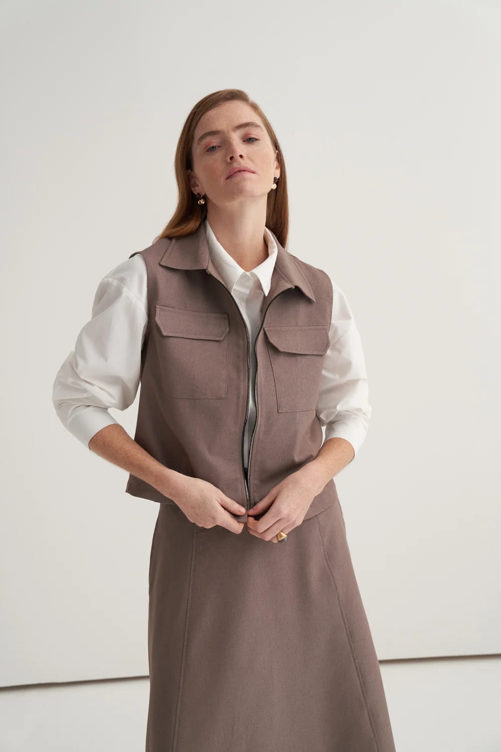 Mink gabardine vest skirt suit