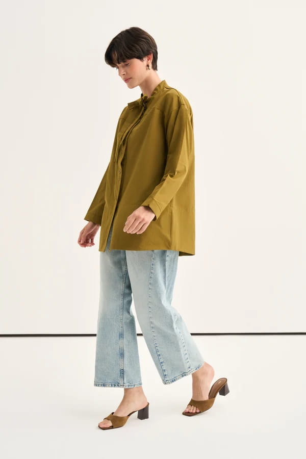 Olive Green Tie Neck Poplin Shirt