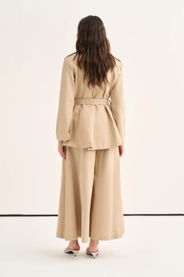 Beige Belted Denim Suit