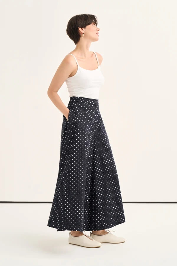 Navy Polka Dot Denim Trousers Skirt