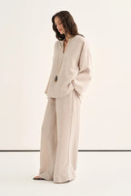 Beige Striped Modal Suit