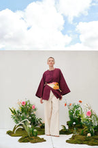 Burgundy draped cotton kimono shirt