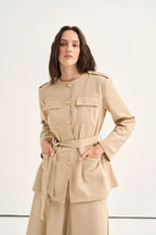 Beige Belted Denim Suit