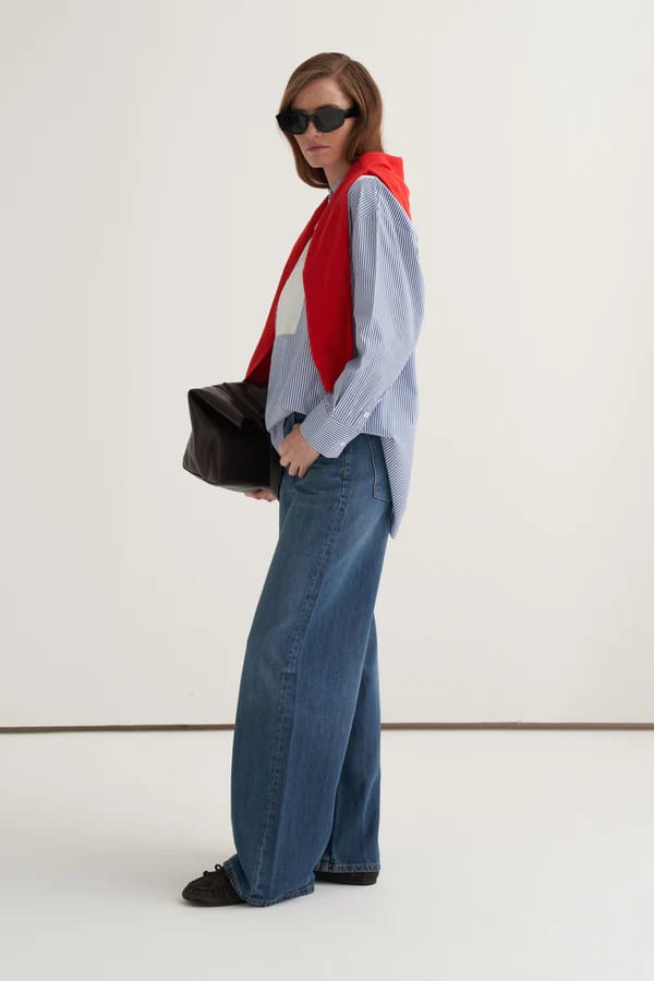 Dark blue striped high-neck detail shirt