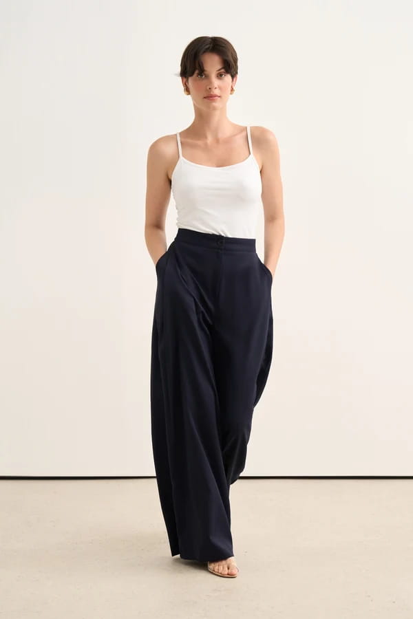 Navy Pleated Detail Trousers