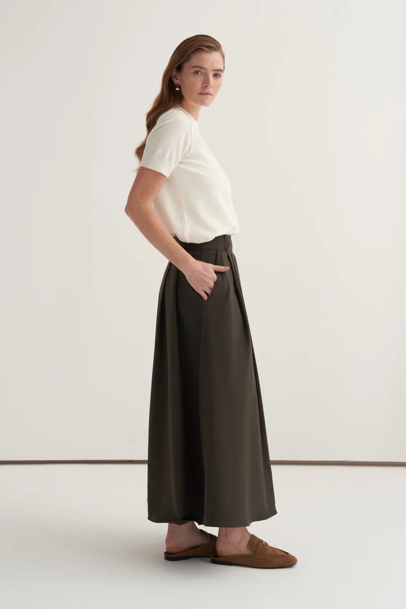Khaki Gabardine Pleated Skirt