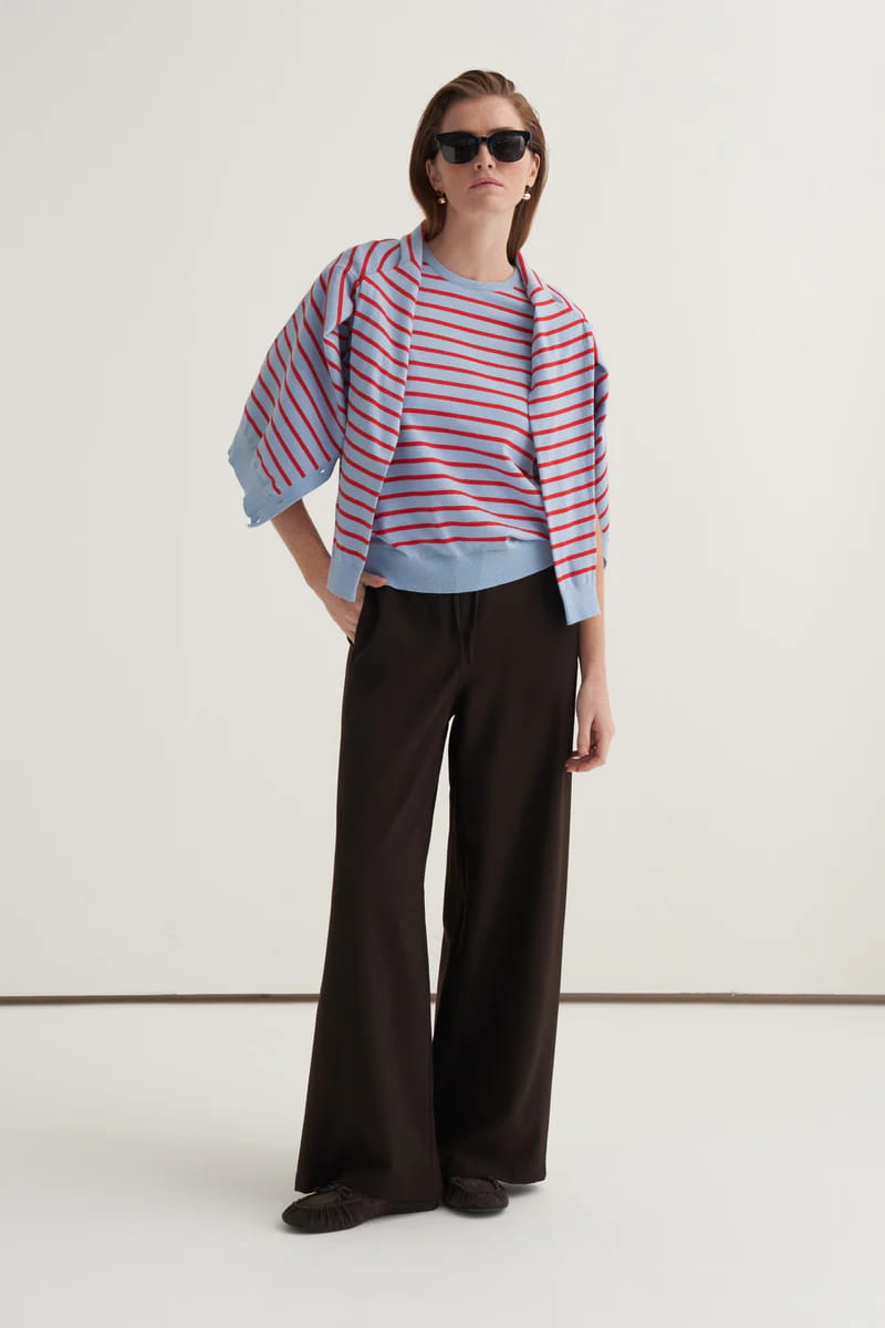 Red striped viscose knitwear t-shirt cardigan set
