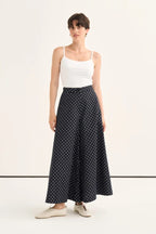 Navy Polka Dot Denim Trousers Skirt