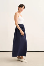Navy Elastic Waist Poplin Skirt