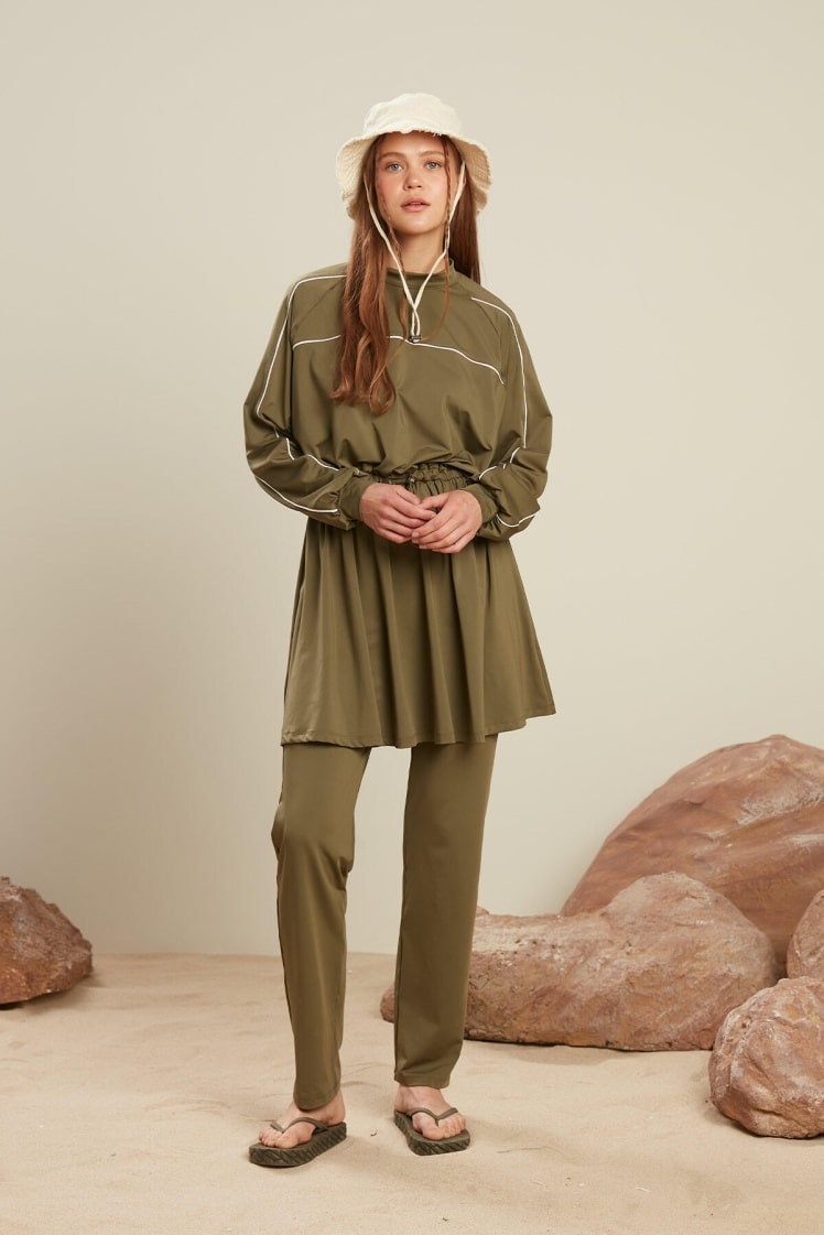 Piping detail 3-piece swimsuit set khaki