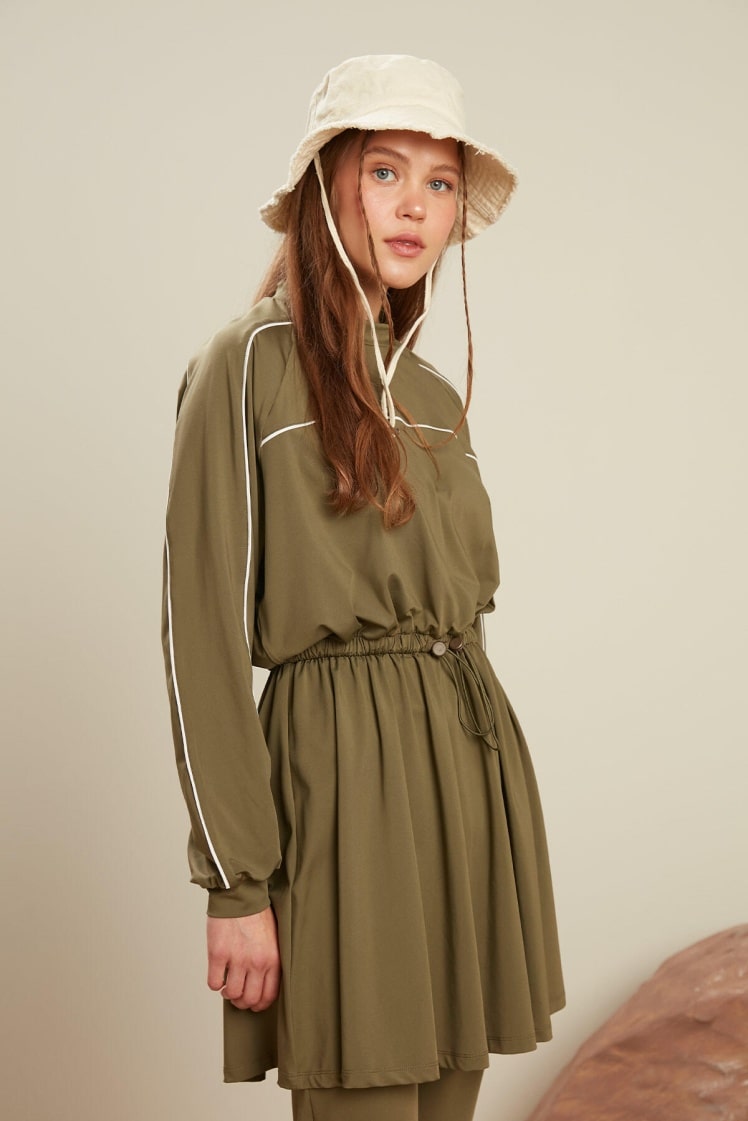 Piping detail 3-piece swimsuit set khaki