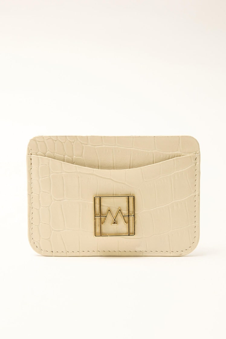 Textured leather mini card holder beige