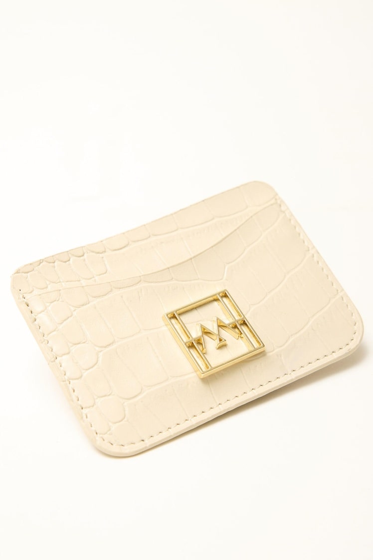 Textured leather mini card holder beige