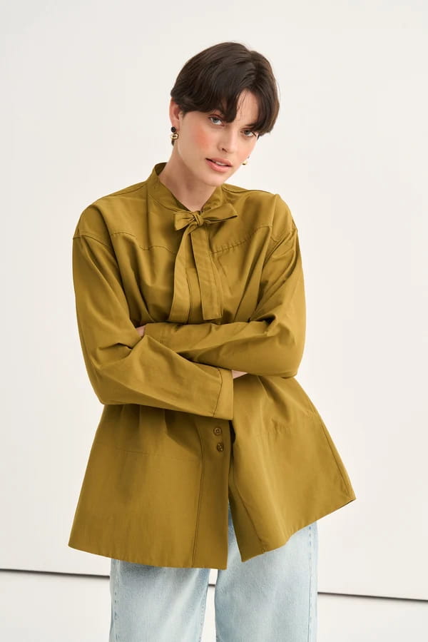 Olive Green Tie Neck Poplin Shirt