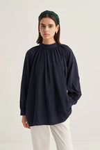 Navy collared poplin blouse