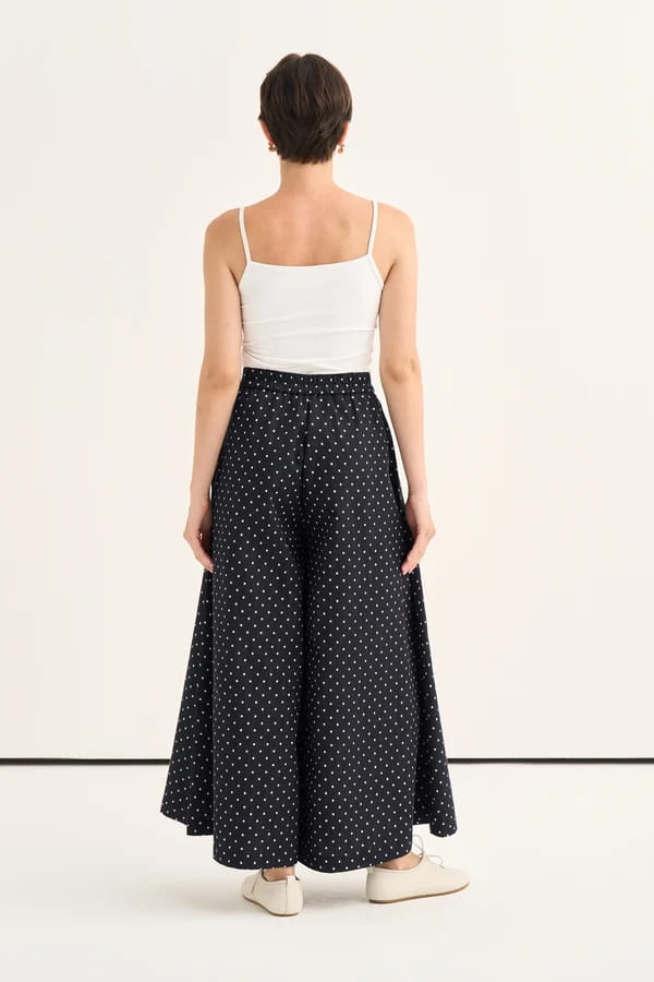 Navy Polka Dot Denim Trousers Skirt