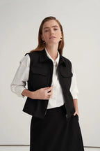 Black gabardine vest skirt suit