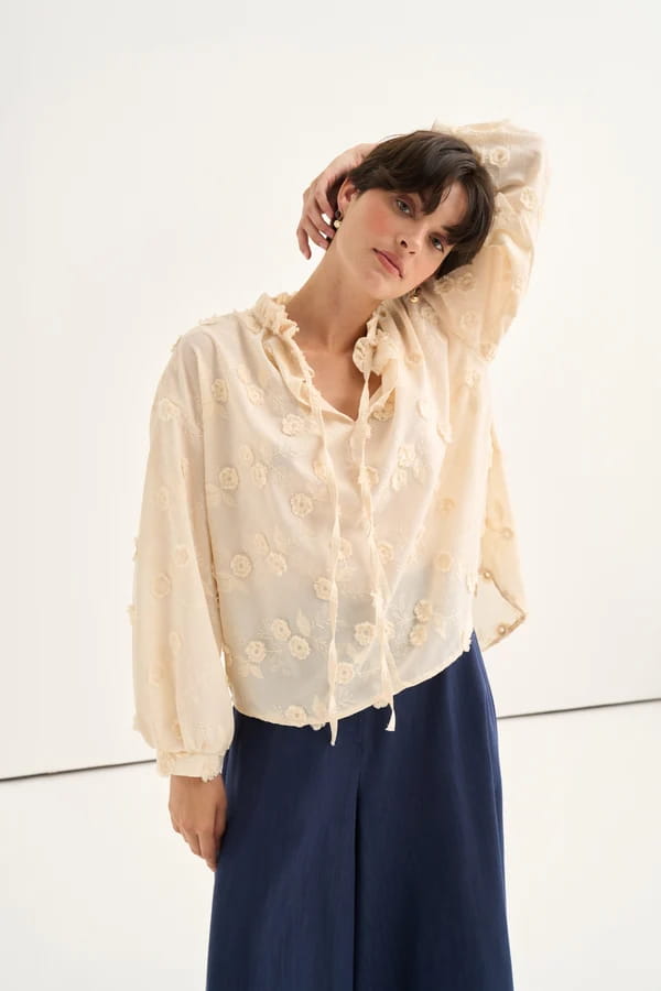 Beige Floral Broderie Blouse