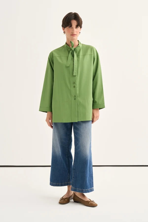 Green Tie Neck Poplin Shirt
