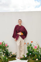 Burgundy draped cotton kimono shirt
