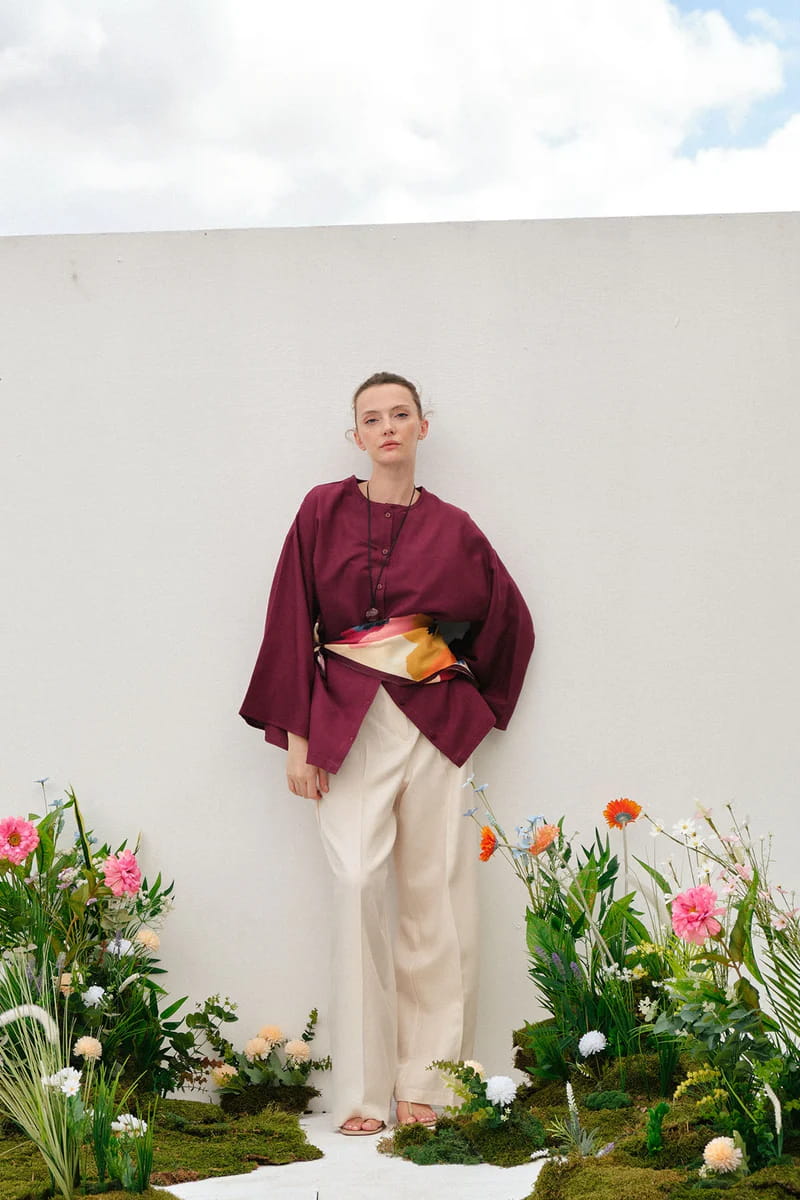 Burgundy draped cotton kimono shirt