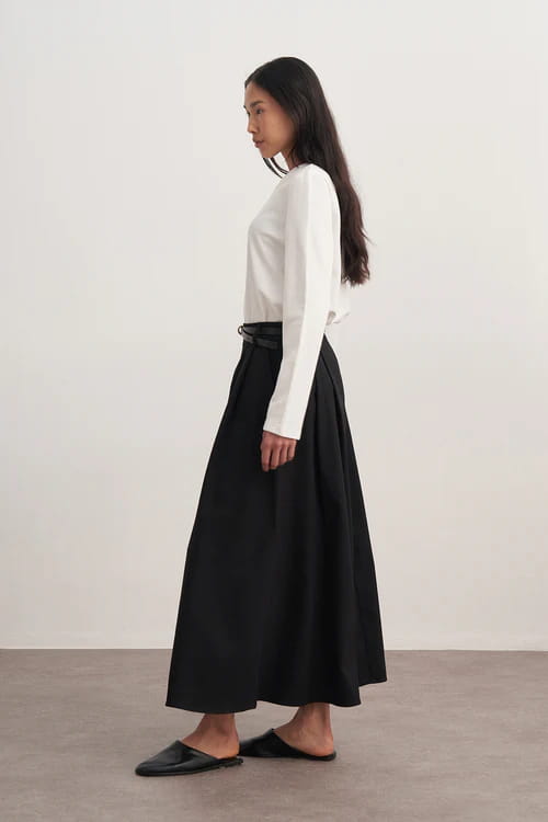 Black Gabardine Pleated Skirt