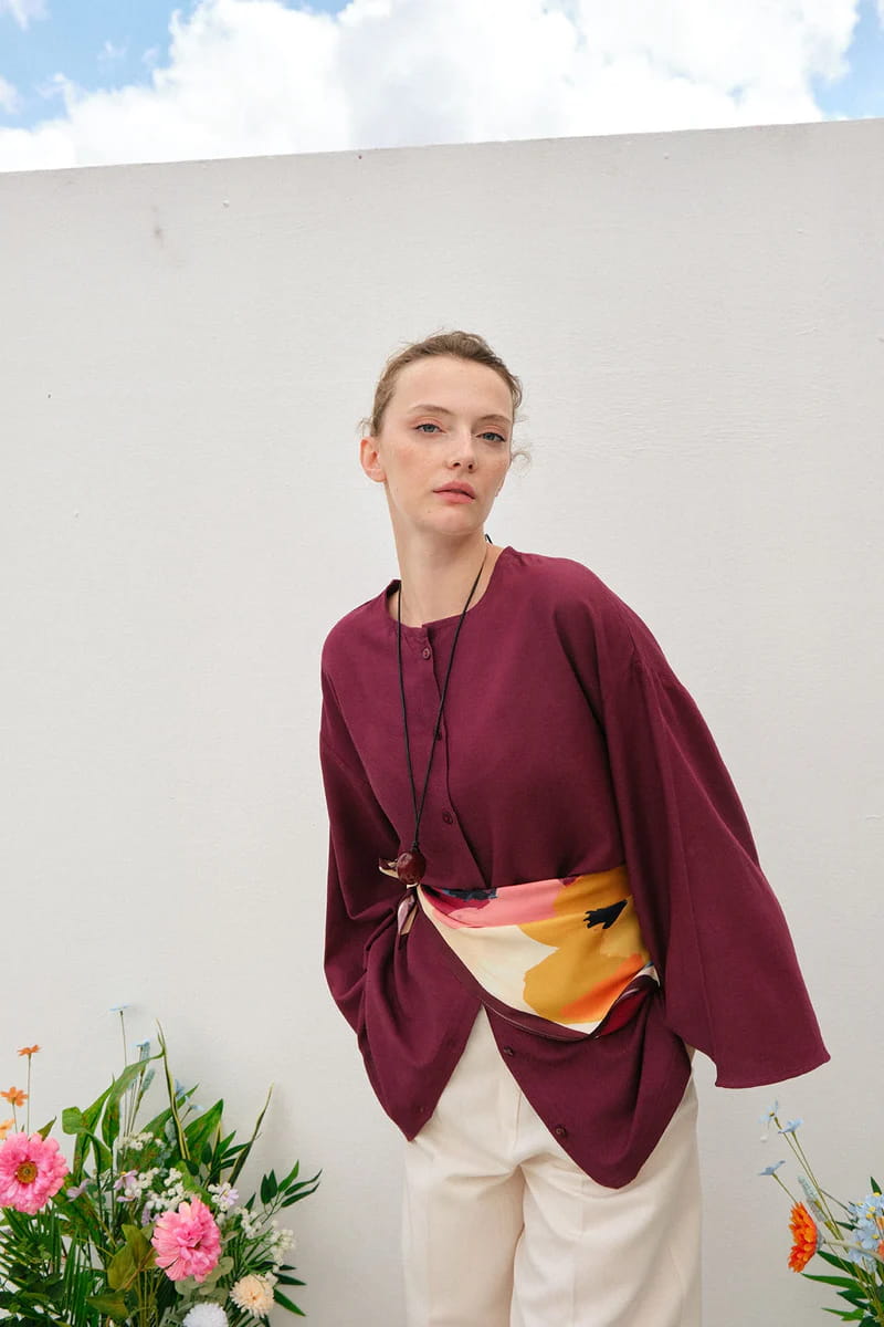 Burgundy draped cotton kimono shirt