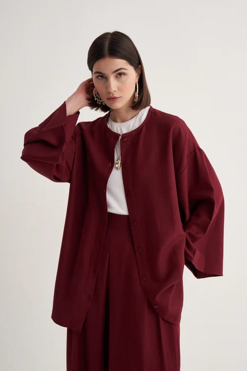 Burgundy draped cotton kimono shirt