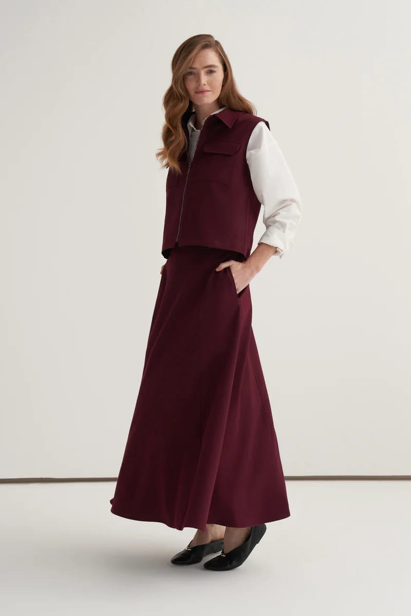 Burgundy gabardine vest skirt suit