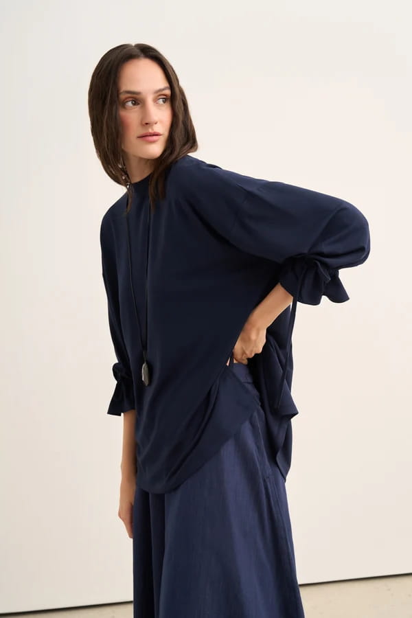 Navy Tie Sleeve Sweatshirt