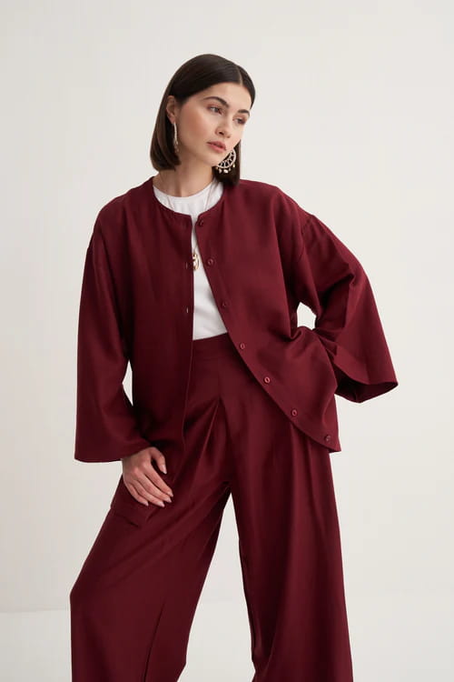 Burgundy draped cotton kimono shirt