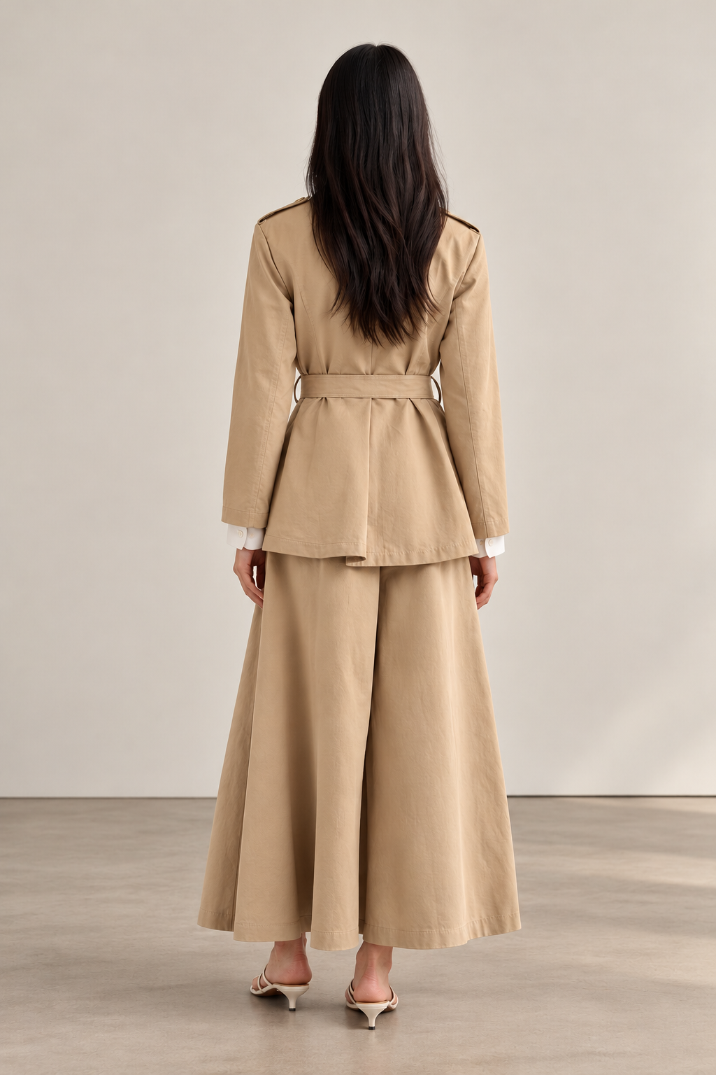 Beige Belted Denim Suit