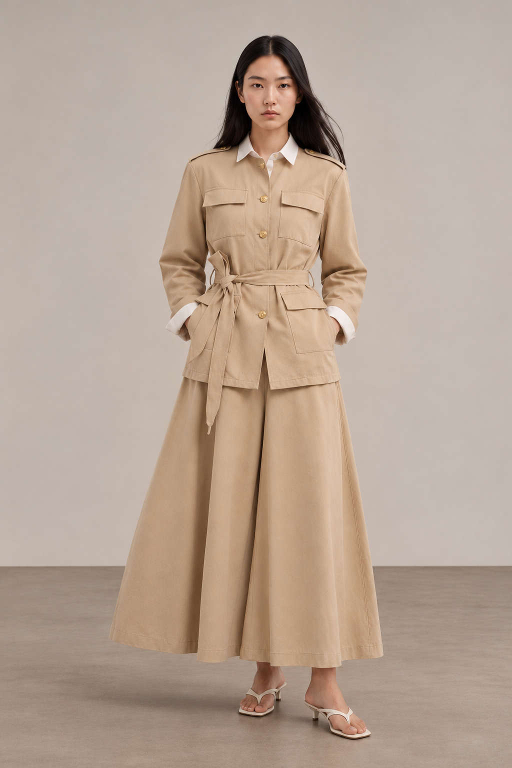 Beige Belted Denim Suit